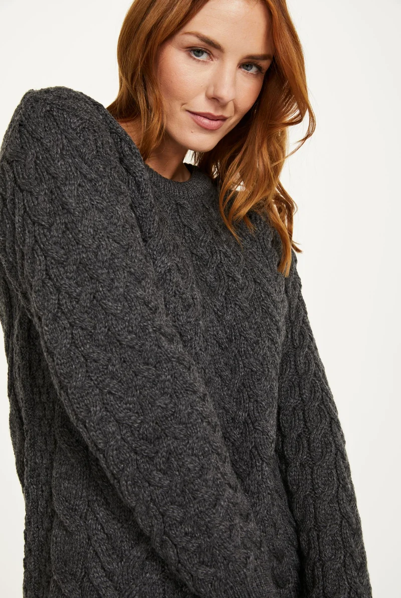 Omey Ladies Aran Crew Neck Sweater - Charcoal