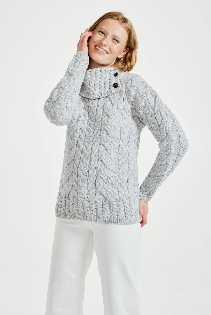 Maeve Aran Supersoft Merino Sweater with Button Collar - Feathered Grey