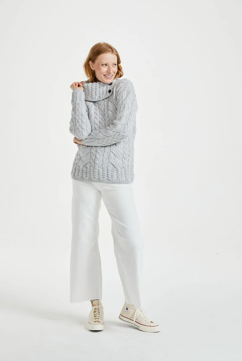 Maeve Aran Supersoft Merino Sweater with Button Collar - Feathered Grey