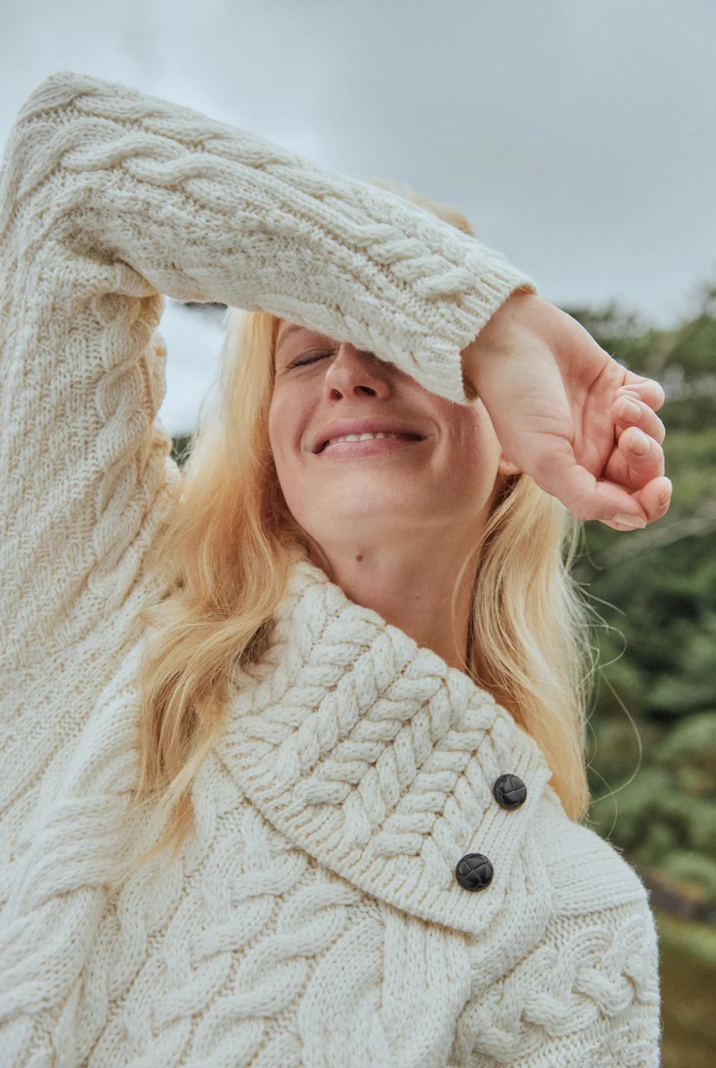 Maeve Aran Supersoft Merino Sweater with Button Collar - Cream