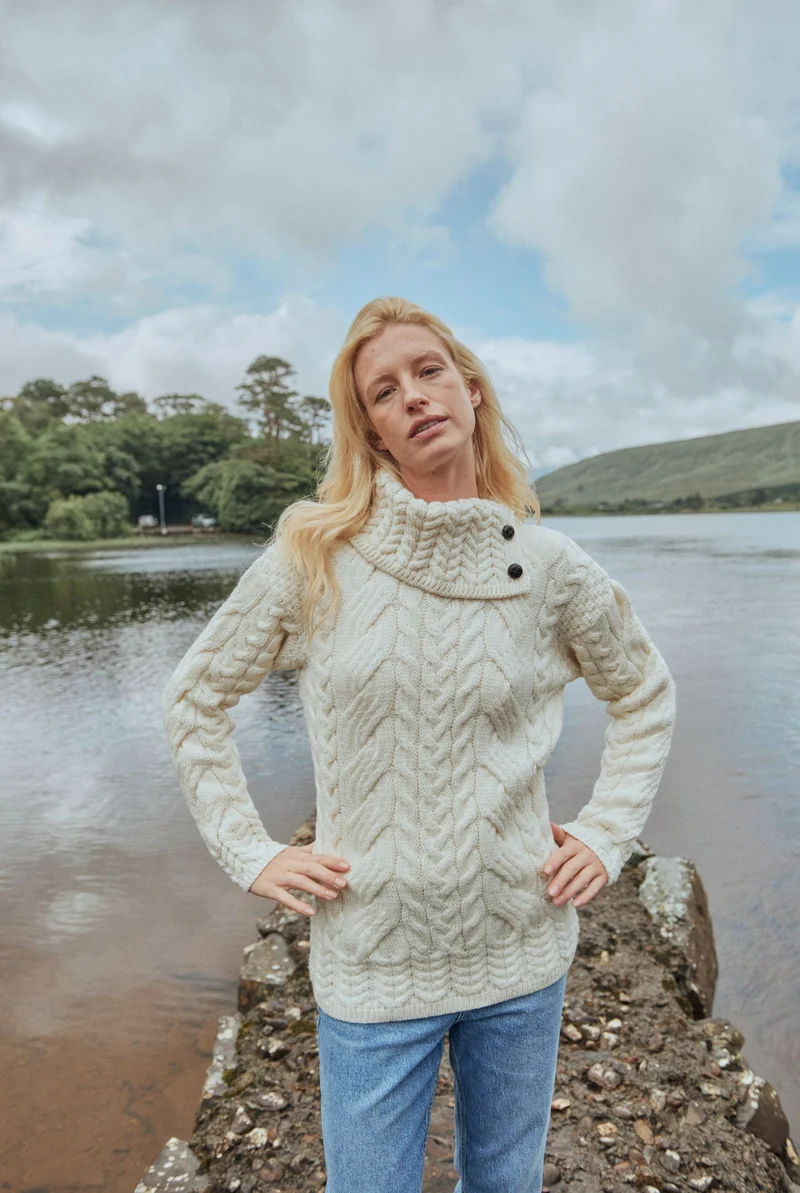 Maeve Aran Supersoft Merino Sweater with Button Collar - Cream