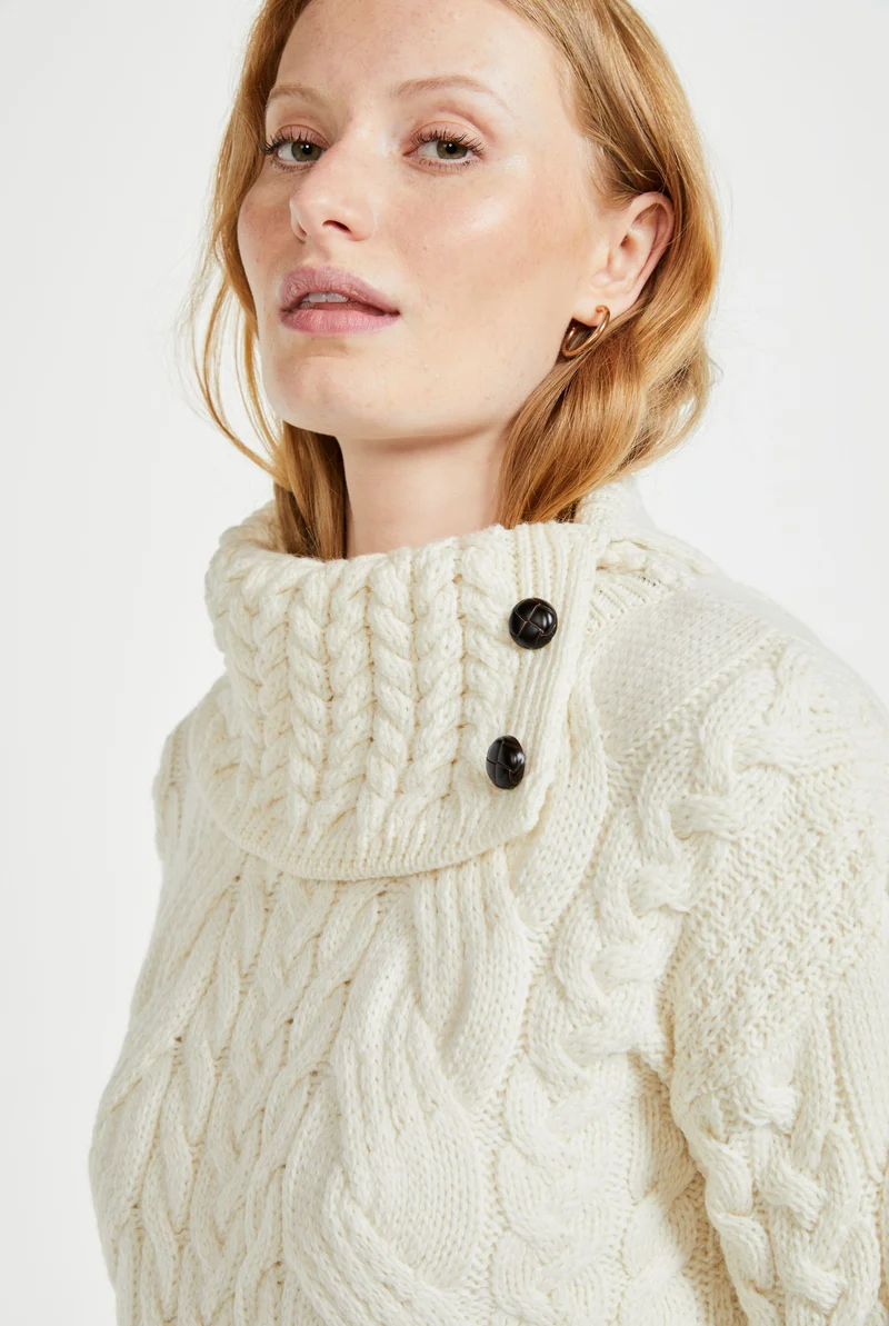Maeve Aran Supersoft Merino Sweater with Button Collar - Cream