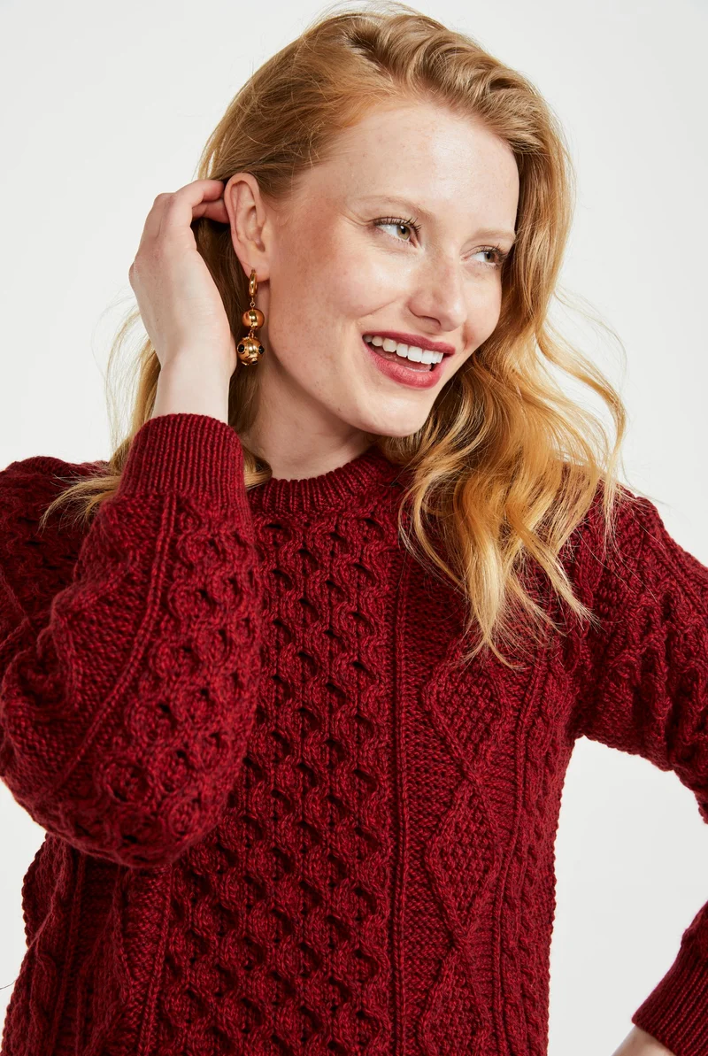 Éireann Ladies Traditional Aran Supersoft Merino Sweater - Rua Red
