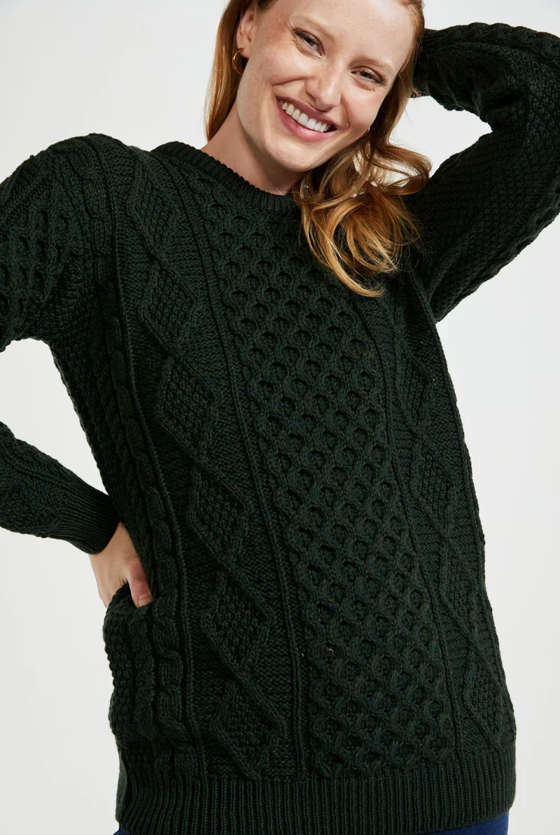 Éireann Ladies Traditional Aran Supersoft Merino Sweater - Green
