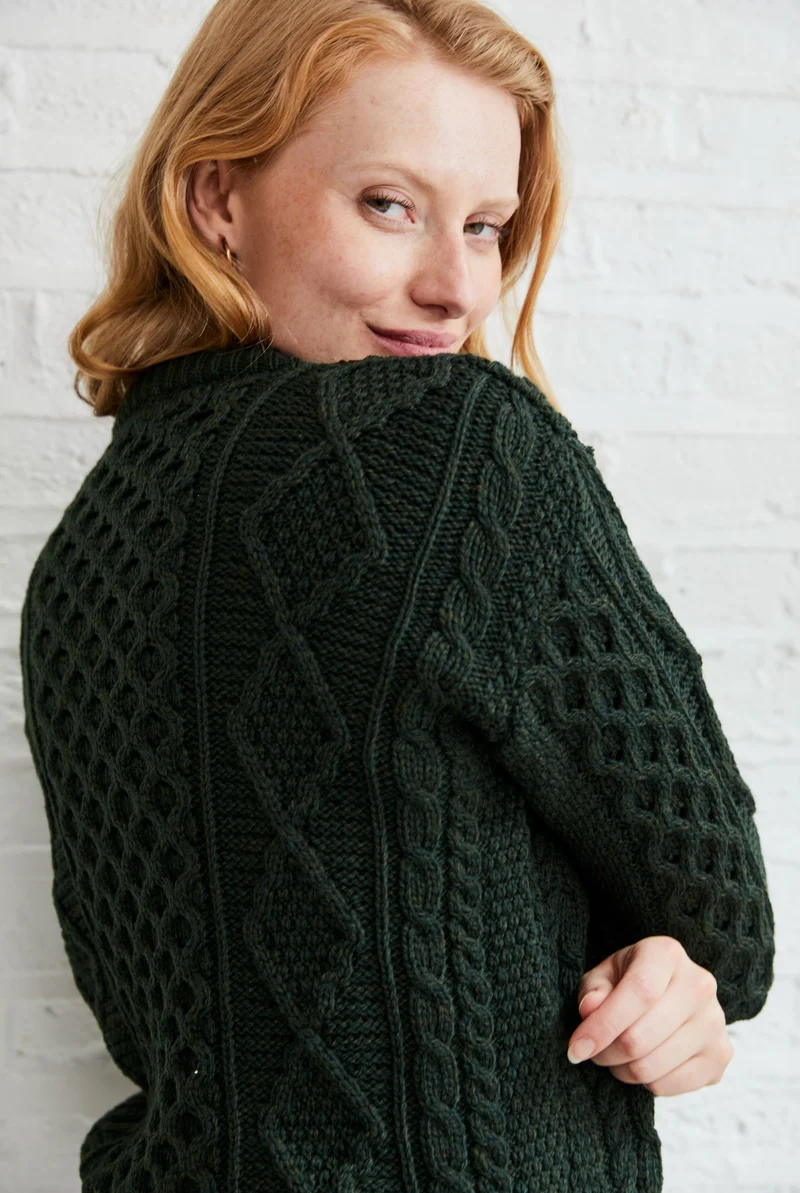 Éireann Ladies Traditional Aran Supersoft Merino Sweater - Green