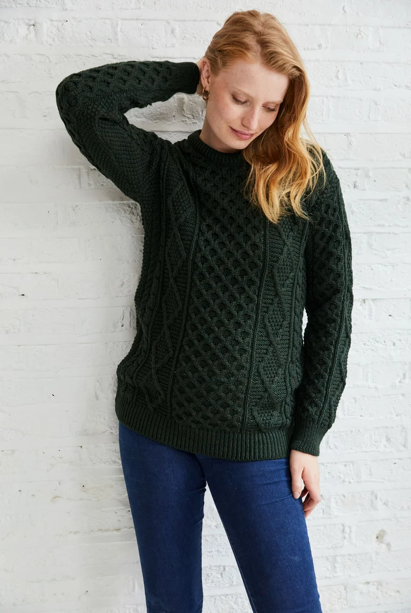 Éireann Ladies Traditional Aran Supersoft Merino Sweater - Green
