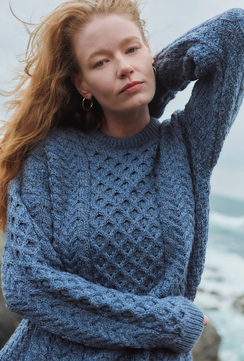 Inisheer Traditional Ladies Merino Aran Sweater - Blue Grey