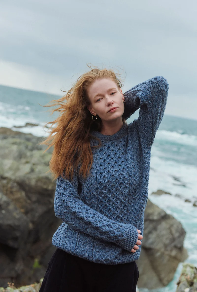 Inisheer Traditional Ladies Merino Aran Sweater - Blue Grey