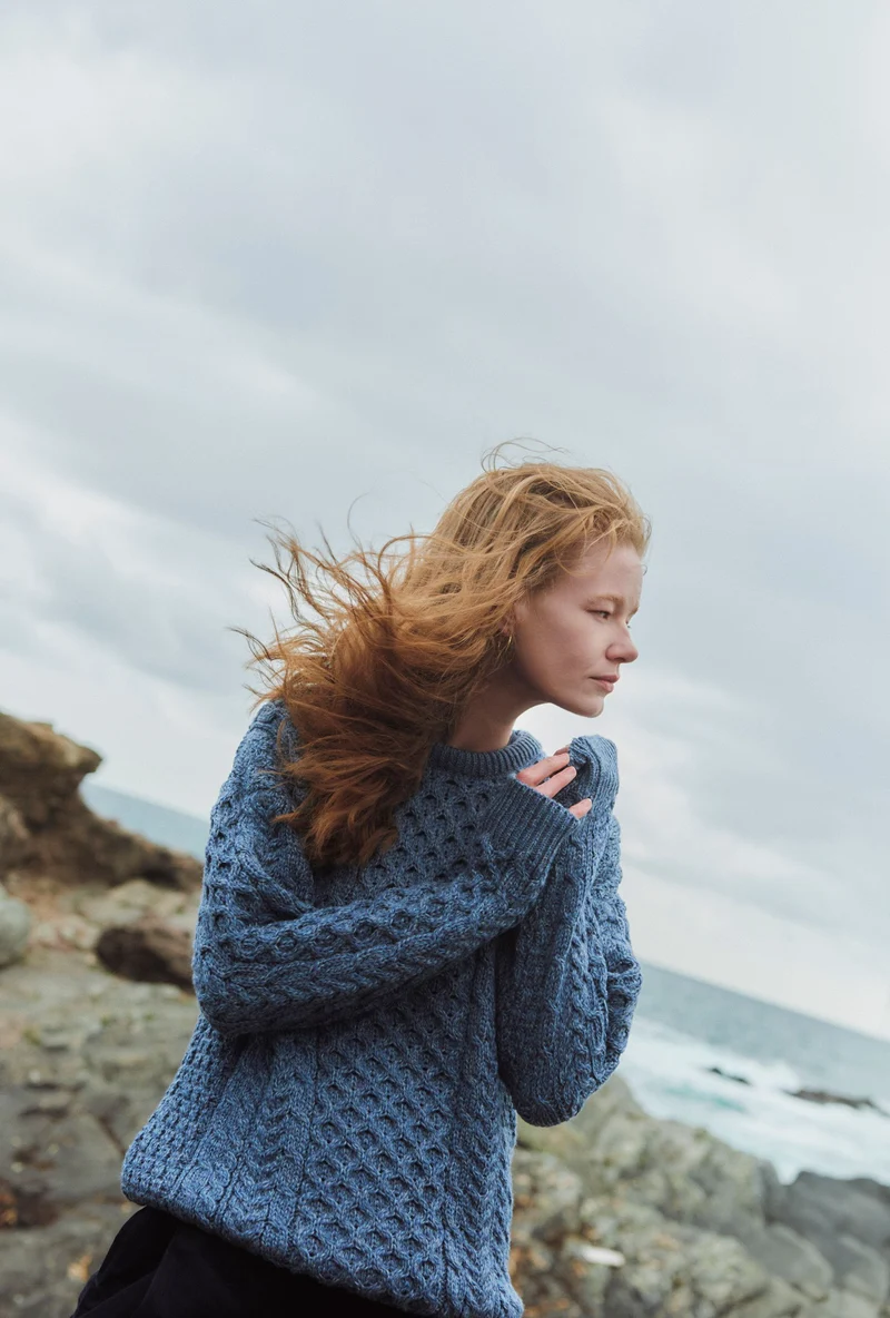 Inisheer Traditional Ladies Merino Aran Sweater - Blue Grey