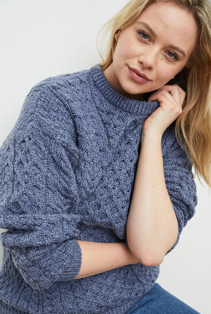 Inisheer Traditional Ladies Merino Aran Sweater - Blue Grey