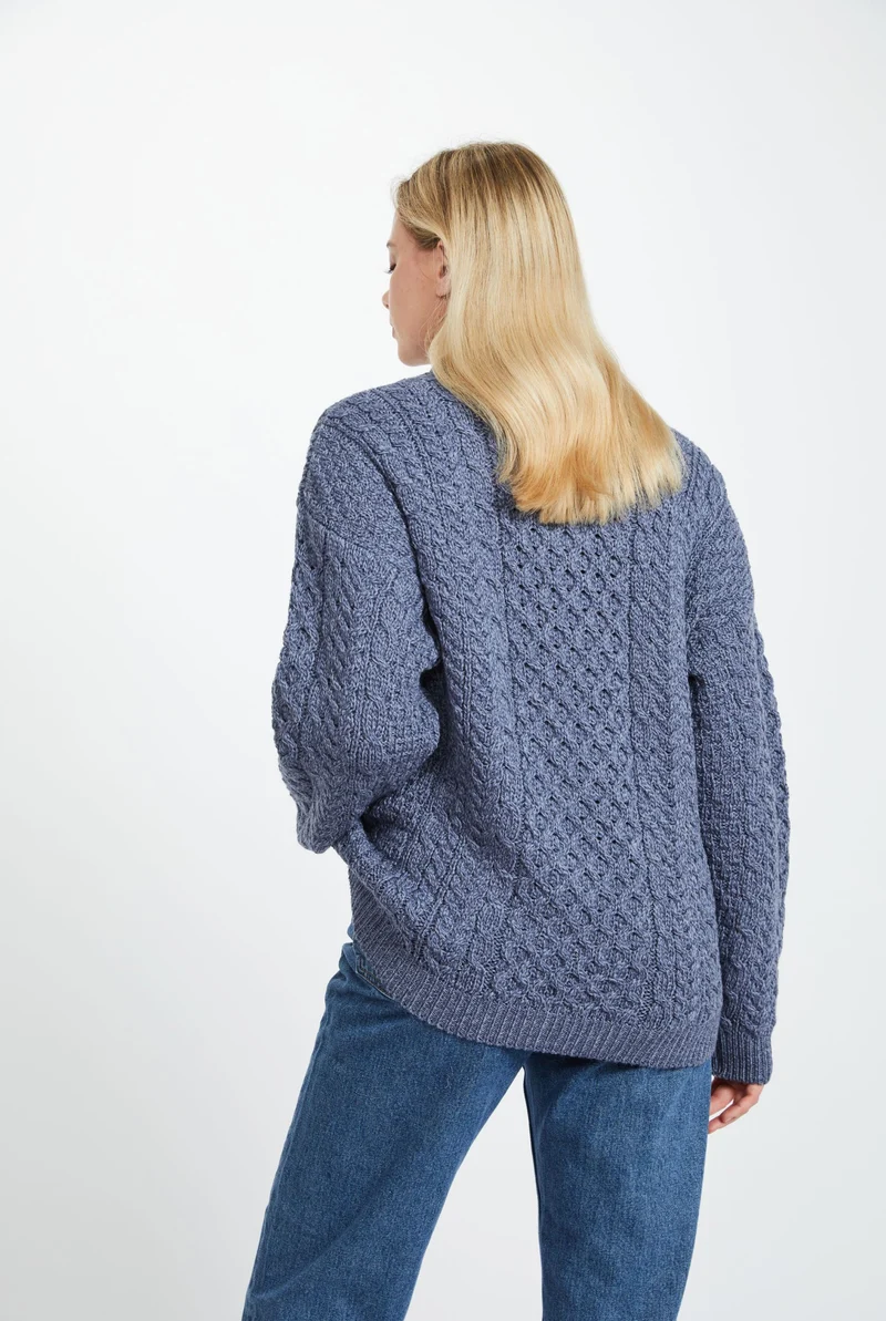 Inisheer Traditional Ladies Merino Aran Sweater - Blue Grey