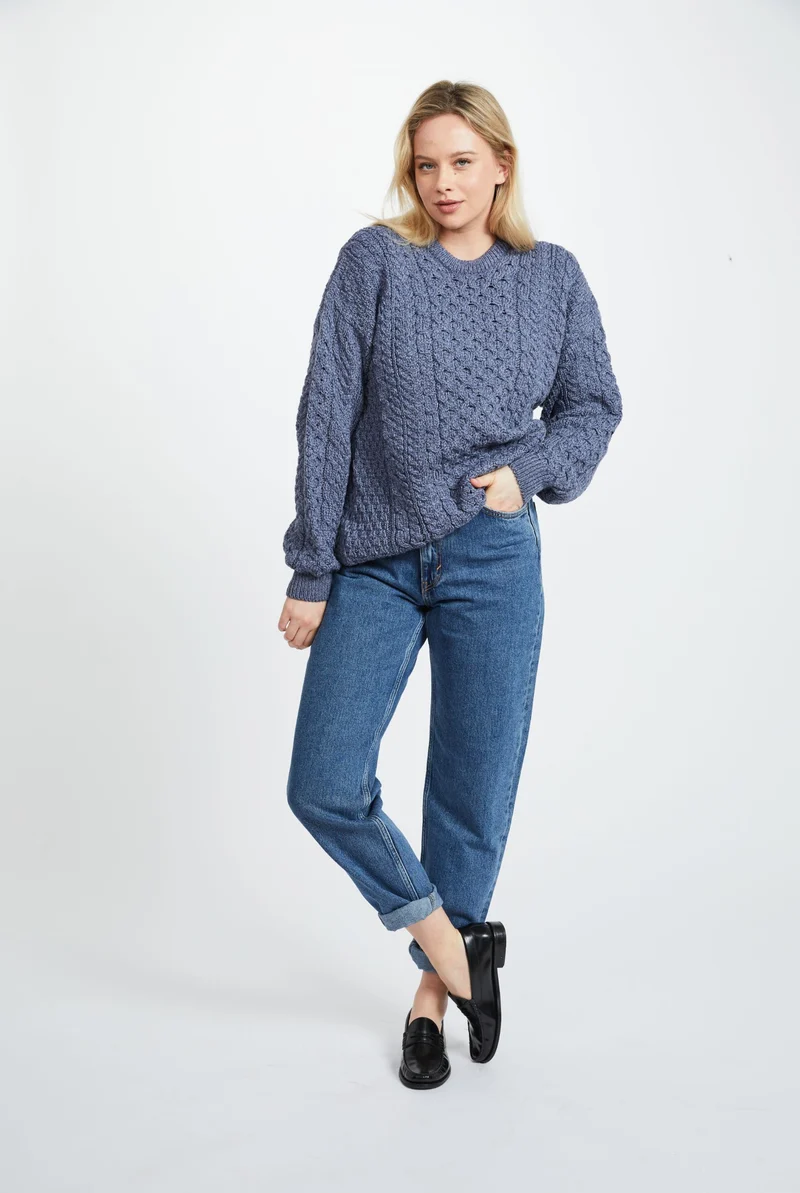 Inisheer Traditional Ladies Merino Aran Sweater - Blue Grey