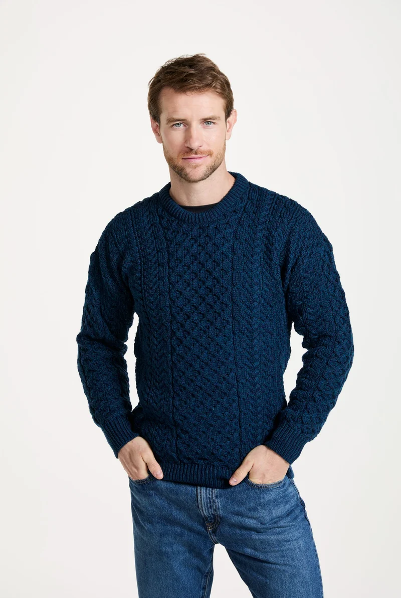 Inisheer Traditional Mens Merino Aran Sweater - Atlantic