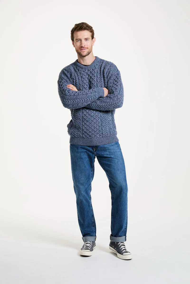 Inisheer Traditional Mens Merino Aran Sweater - Blue Grey