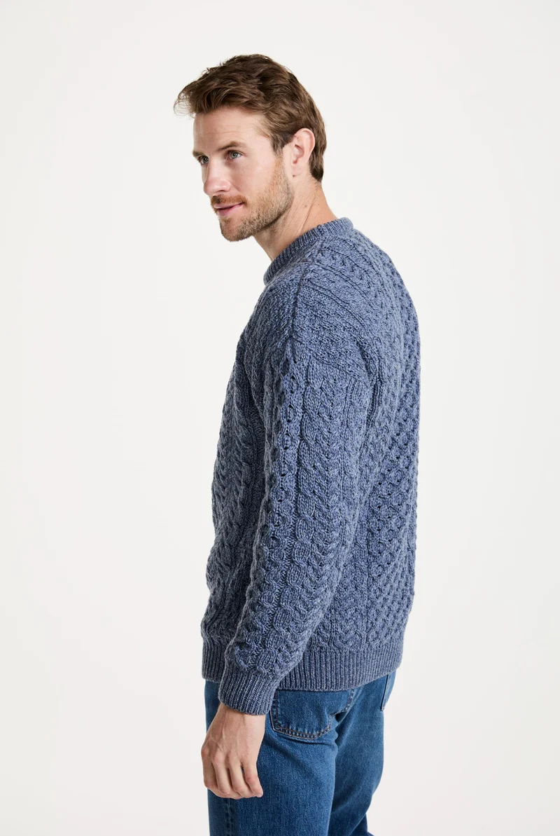 Inisheer Traditional Mens Merino Aran Sweater - Blue Grey