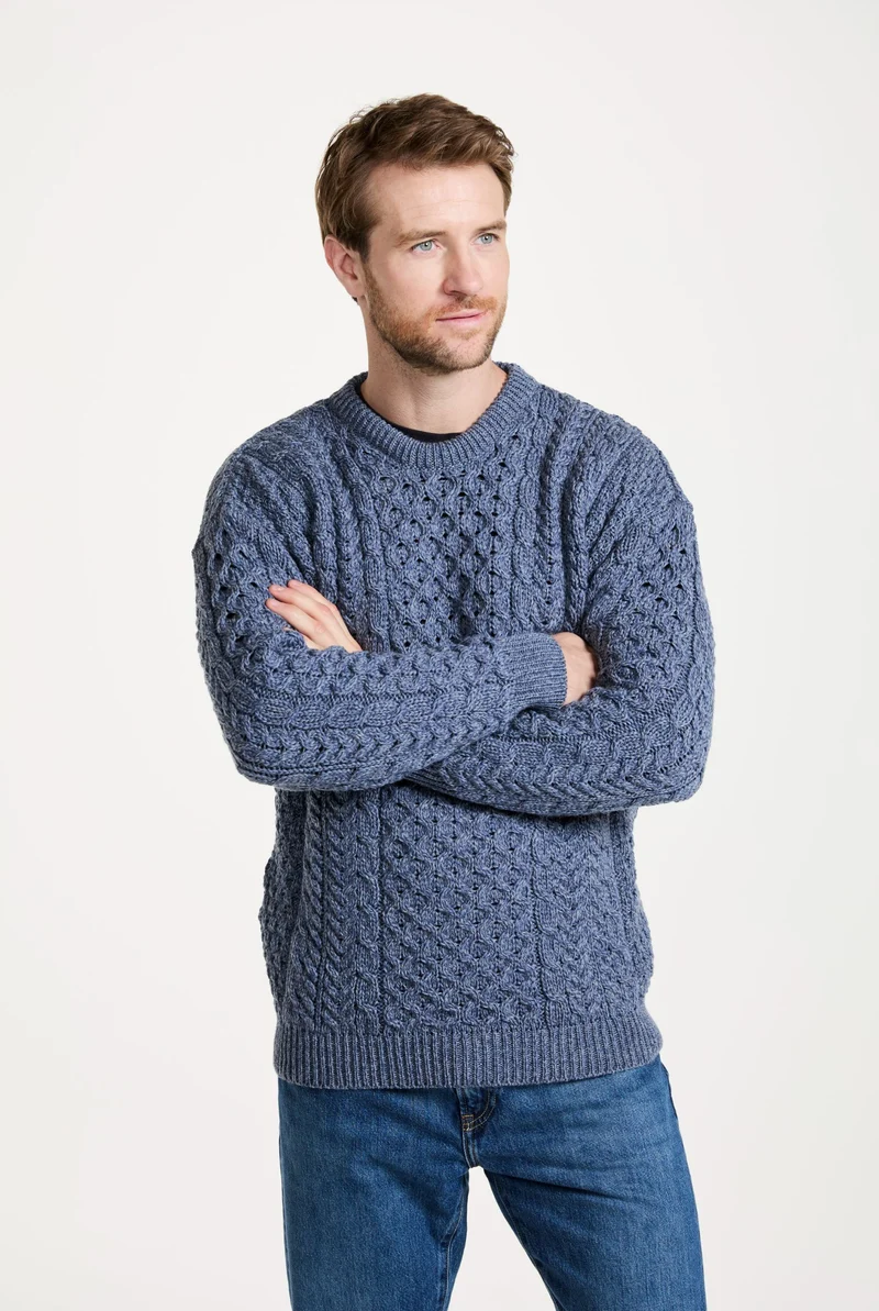 Inisheer Traditional Mens Merino Aran Sweater - Blue Grey