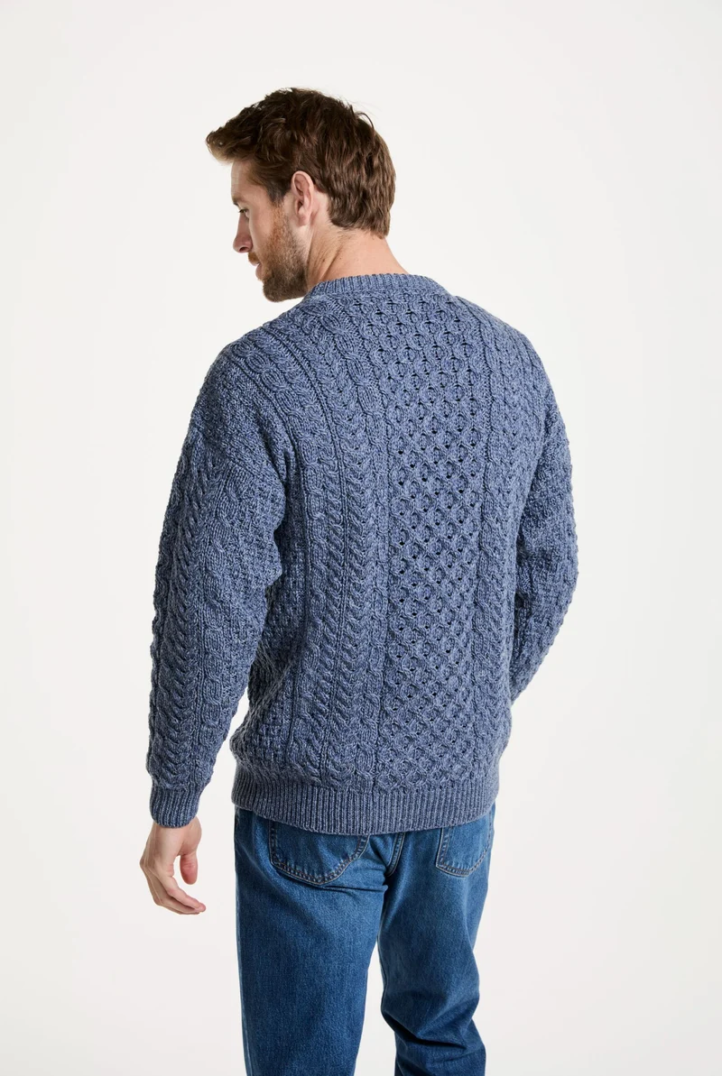 Inisheer Traditional Mens Merino Aran Sweater - Blue Grey