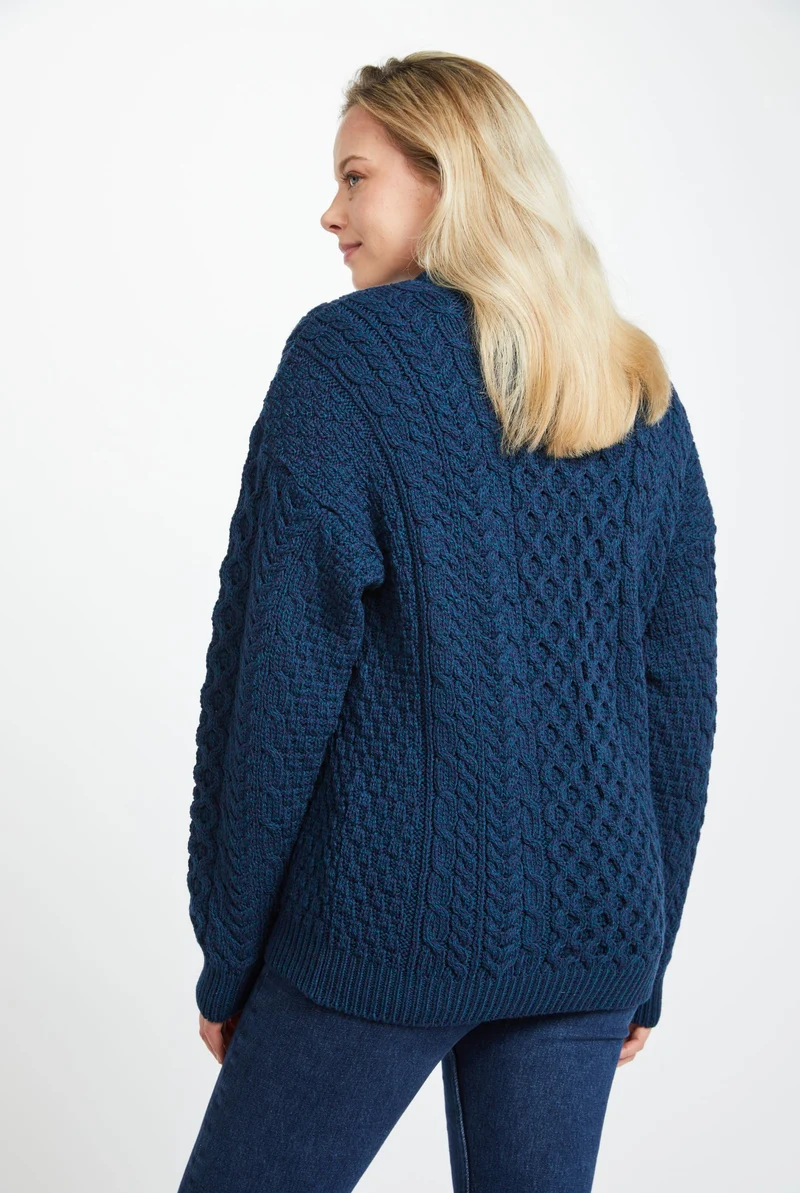 Inisheer Traditional Ladies Merino Aran Sweater - Atlantic