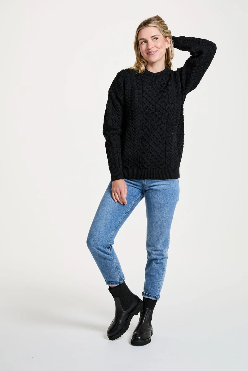 Inisheer Traditional Ladies Merino Aran Sweater - Black