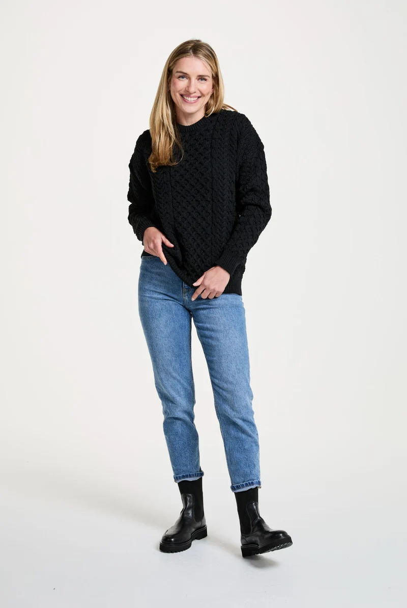 Inisheer Traditional Ladies Merino Aran Sweater - Black