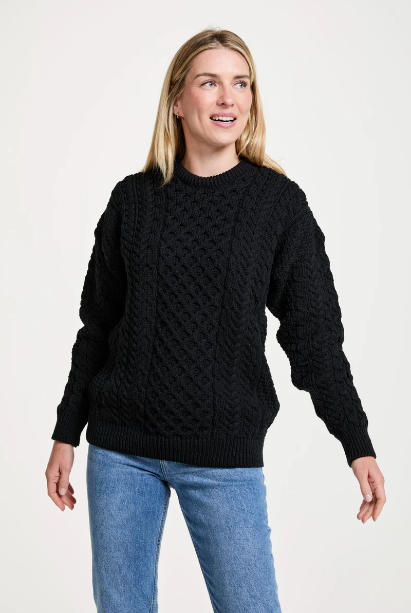 Inisheer Traditional Ladies Merino Aran Sweater - Black
