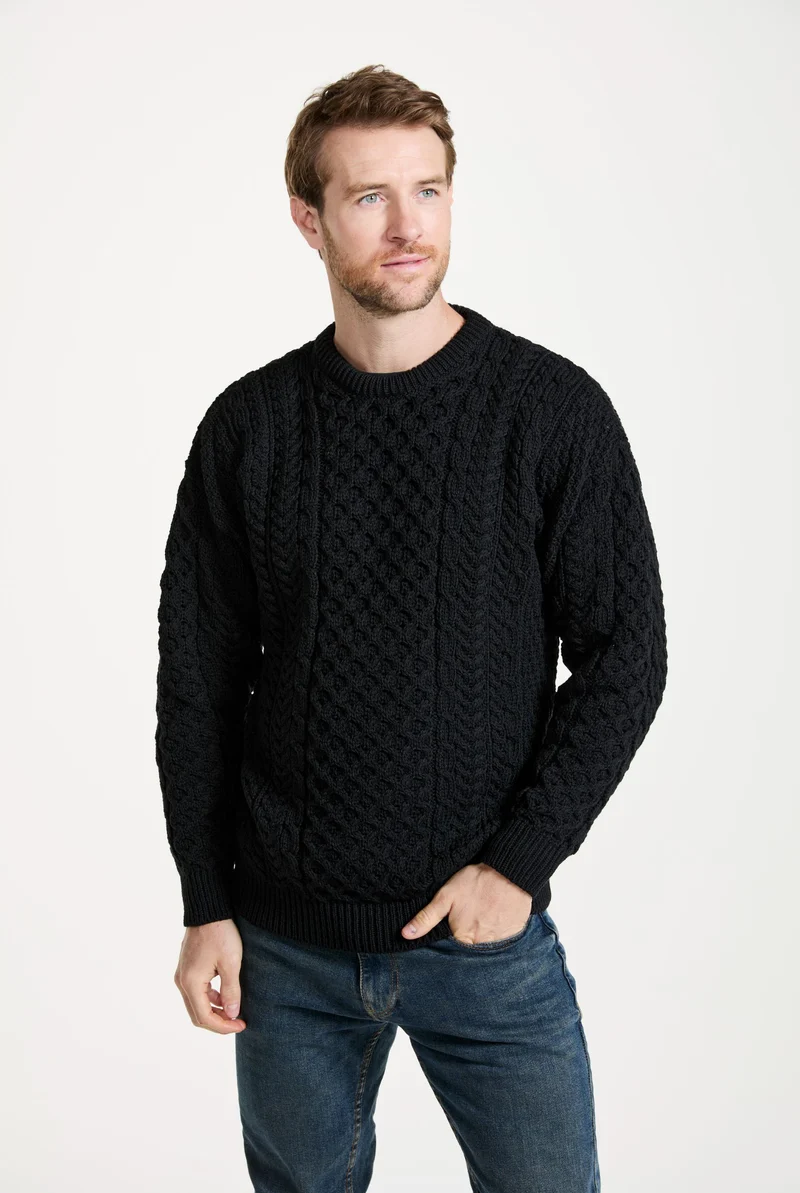 Inisheer Traditional Mens Merino Aran Sweater - Black