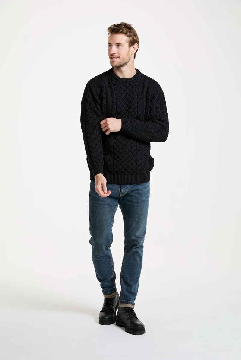 Inisheer Traditional Mens Merino Aran Sweater - Black
