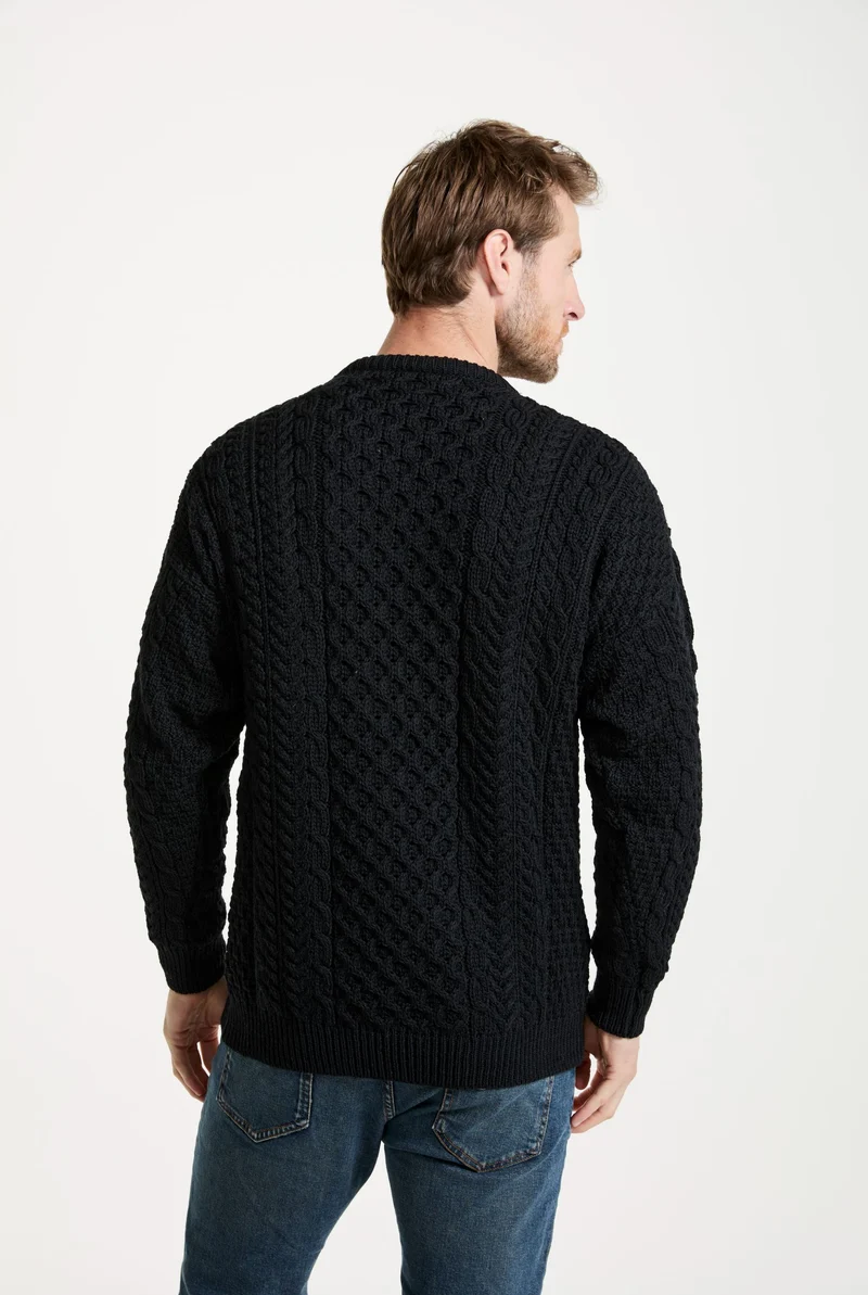 Inisheer Traditional Mens Merino Aran Sweater - Black