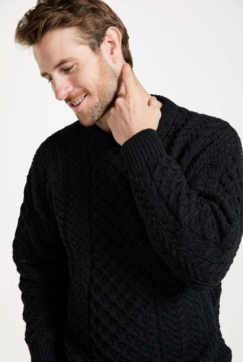 Inisheer Traditional Mens Merino Aran Sweater - Black