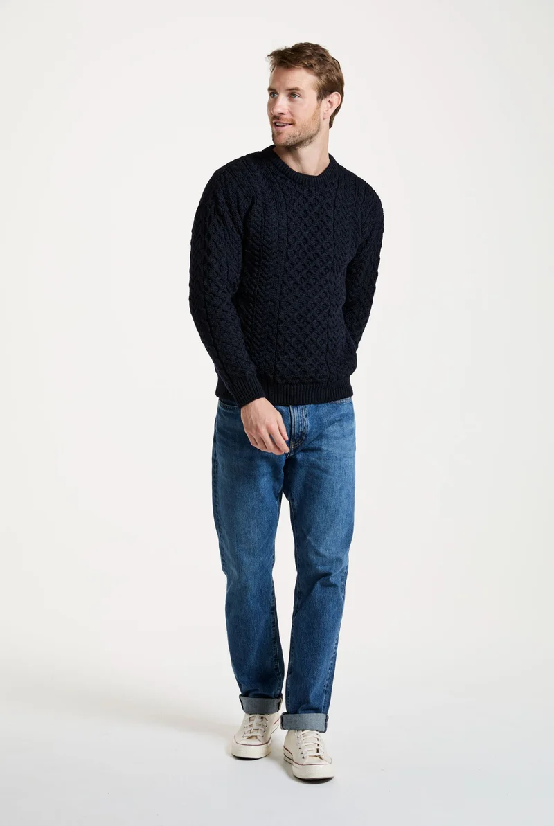 Inisheer Traditional Mens Merino Aran Sweater - Navy