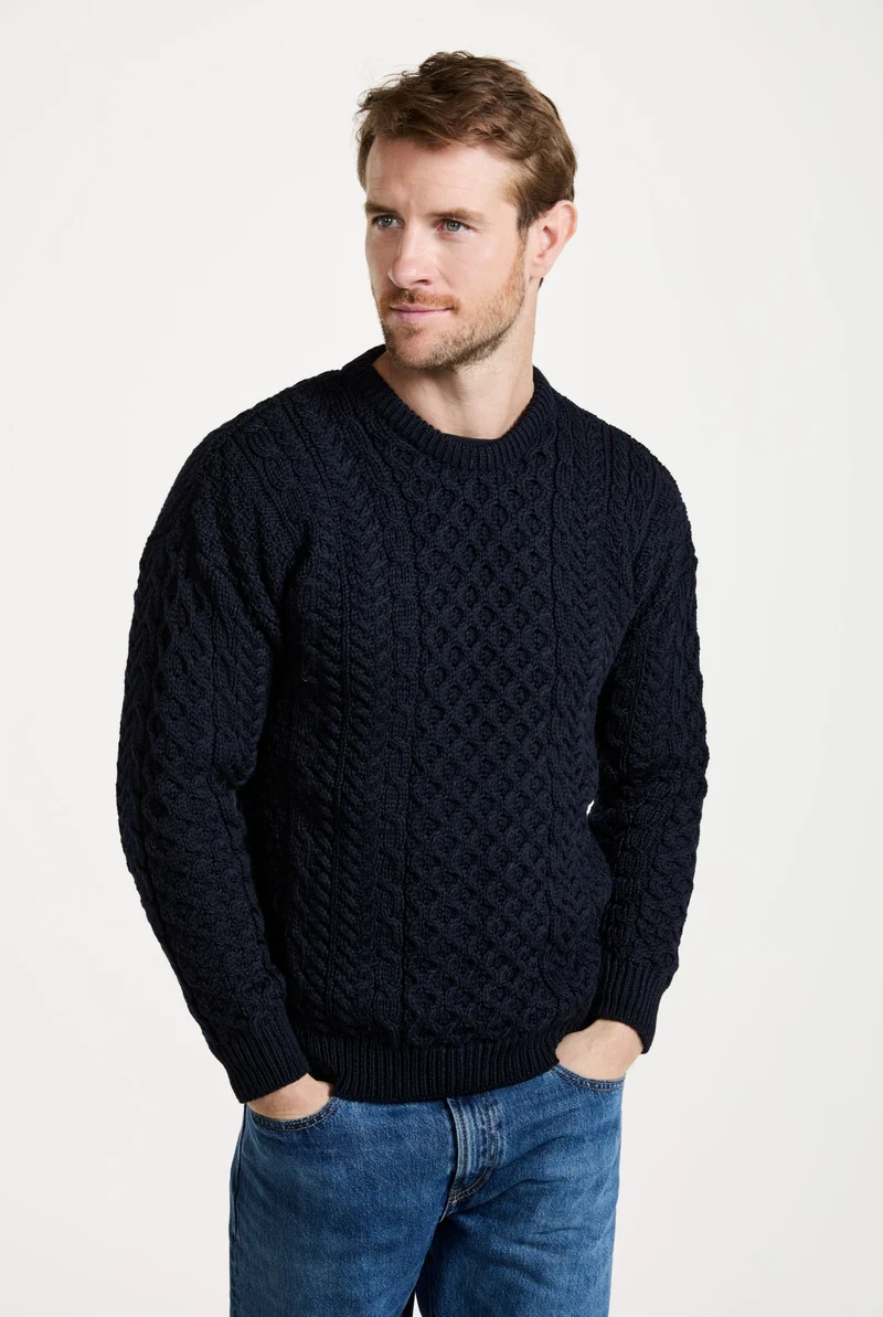 Inisheer Traditional Mens Merino Aran Sweater - Navy