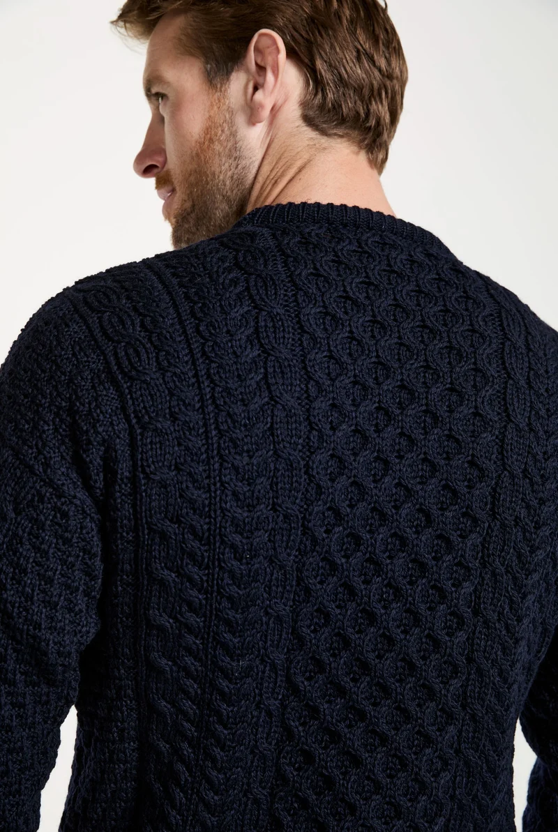 Inisheer Traditional Mens Merino Aran Sweater - Navy