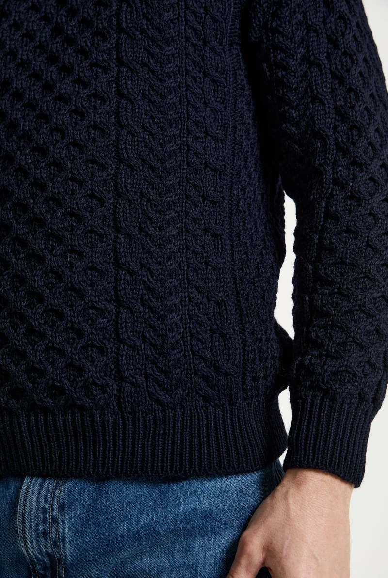 Inisheer Traditional Mens Merino Aran Sweater - Navy
