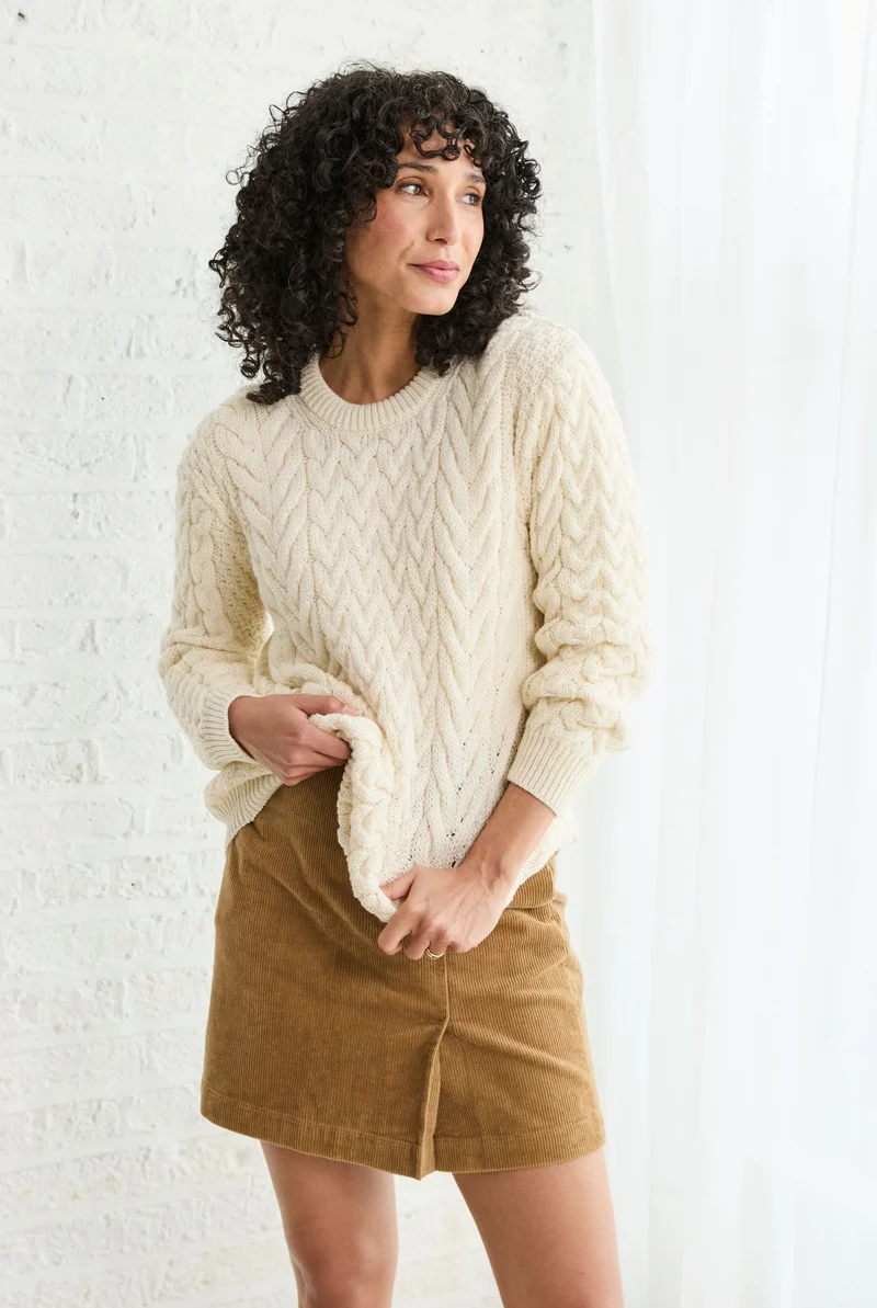 Omey Ladies Aran Crew Neck Sweater - Cream