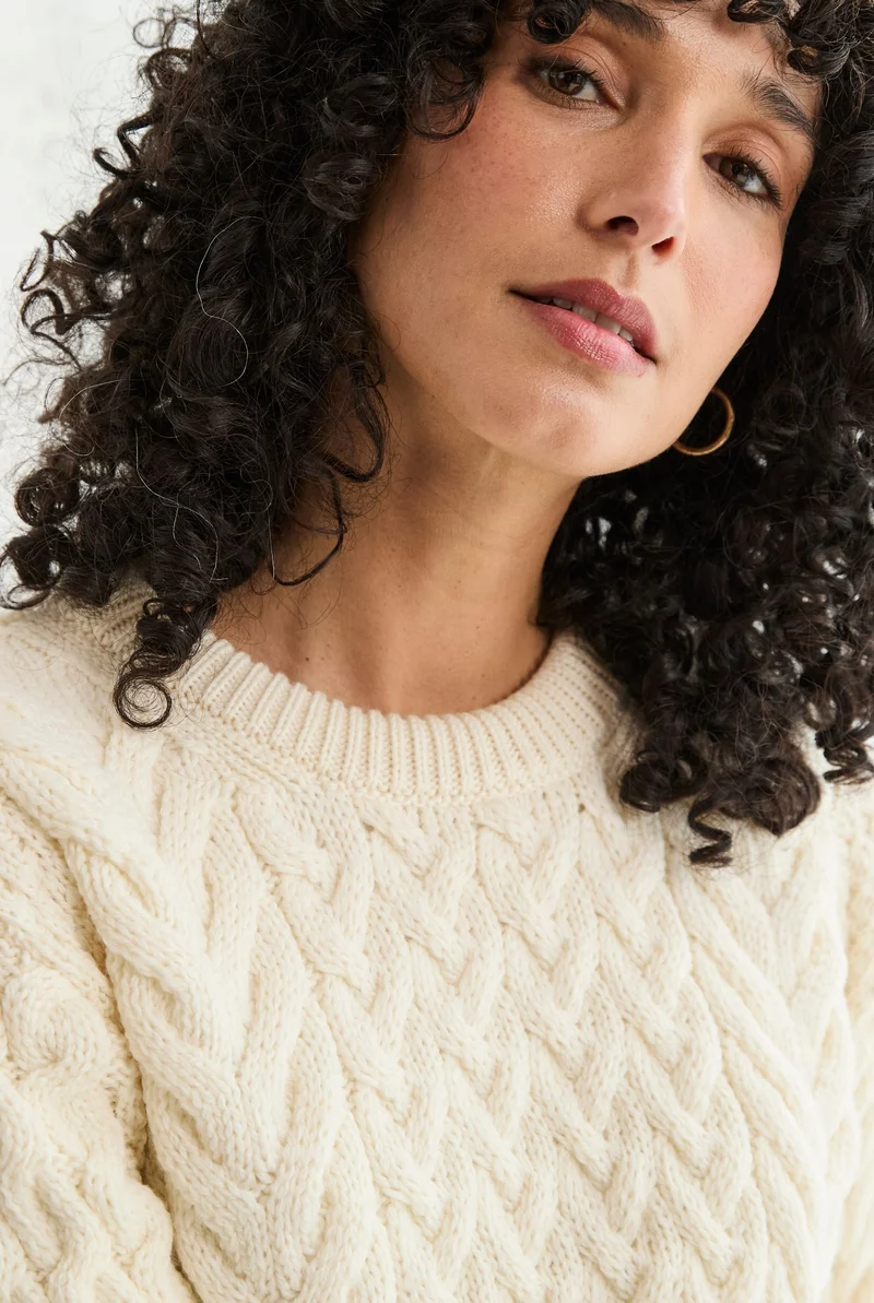 Omey Ladies Aran Crew Neck Sweater - Cream