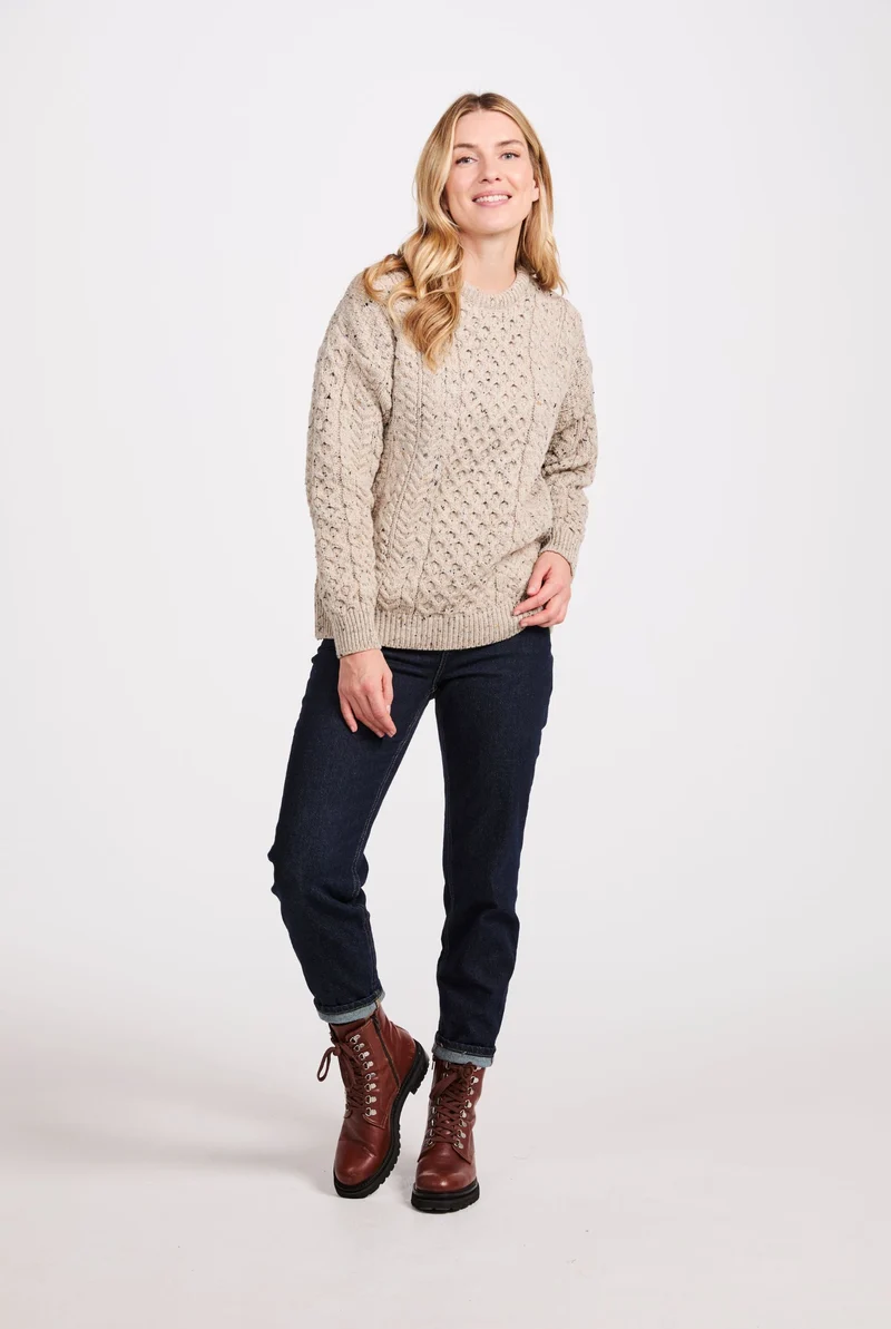 Inishbofin Ladies Traditional Aran Sweater - Flecked Oat
