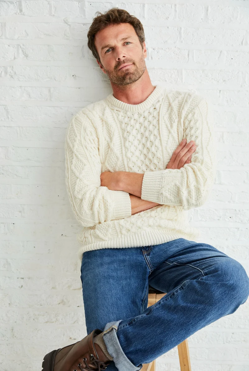 Éireann Mens Traditional Aran Supersoft Merino Sweater - Cream