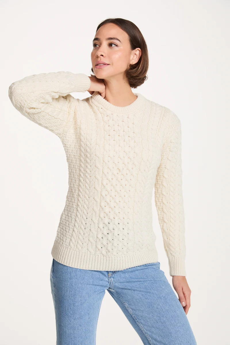 Inishmore Ladies Slim-Fit Merino Aran Sweater - Cream