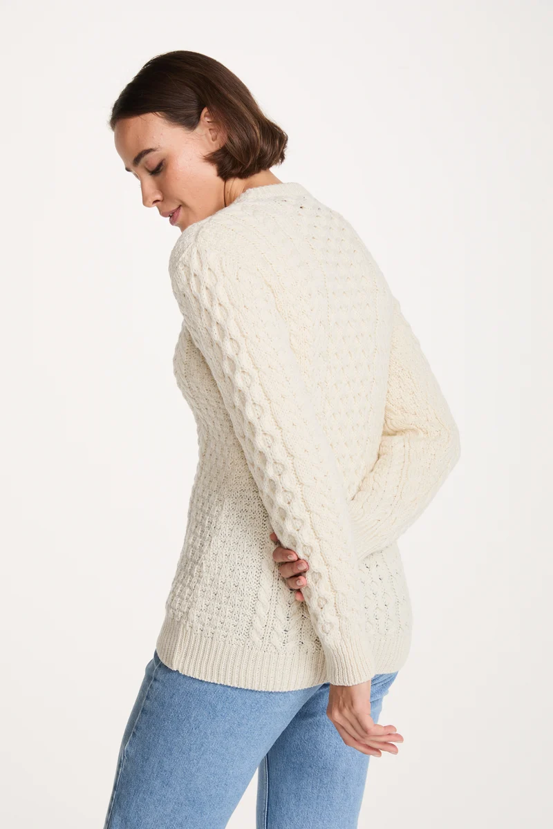 Inishmore Ladies Slim-Fit Merino Aran Sweater - Cream