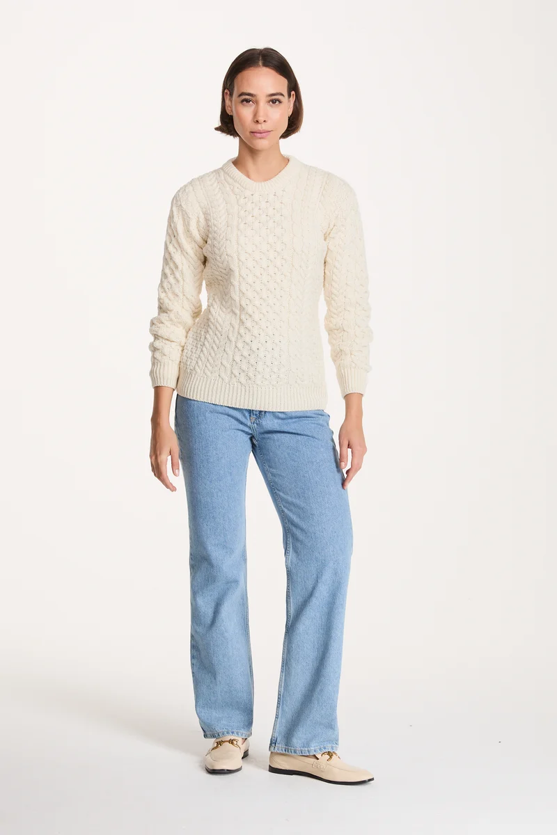 Inishmore Ladies Slim-Fit Merino Aran Sweater - Cream