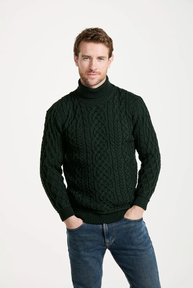 Kylemore Mens Aran Polo Neck Sweater - Green