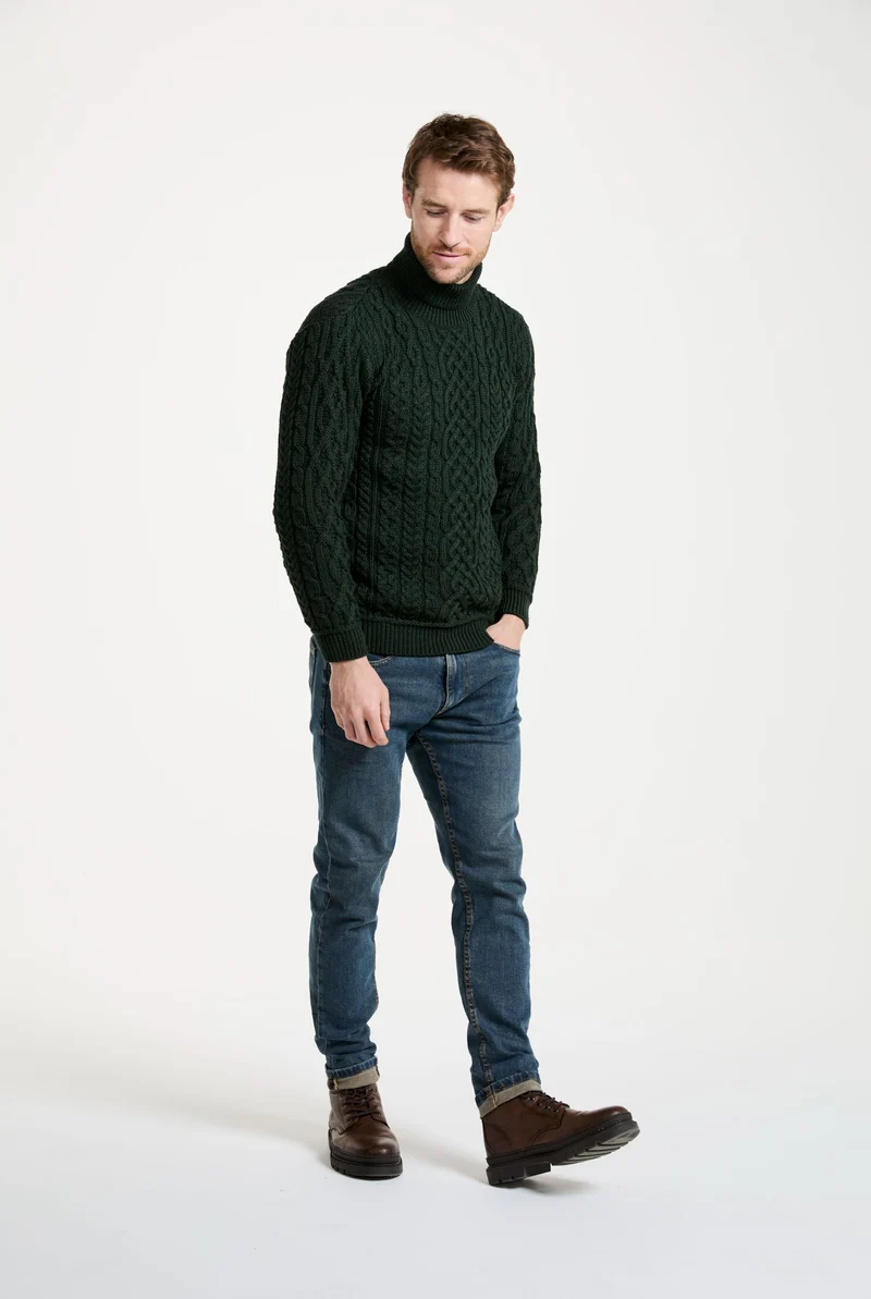 Kylemore Mens Aran Polo Neck Sweater - Green