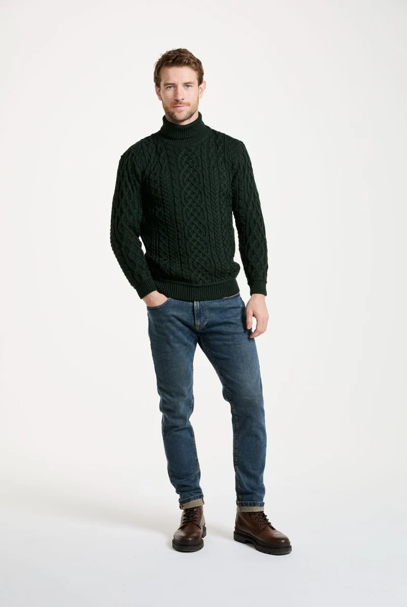 Kylemore Mens Aran Polo Neck Sweater - Green
