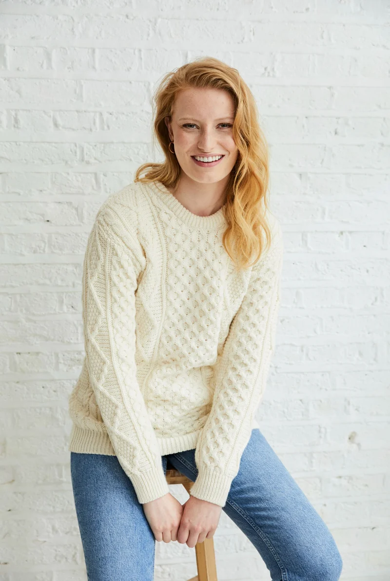 Éireann Ladies Traditional Aran Supersoft Merino Sweater - Cream