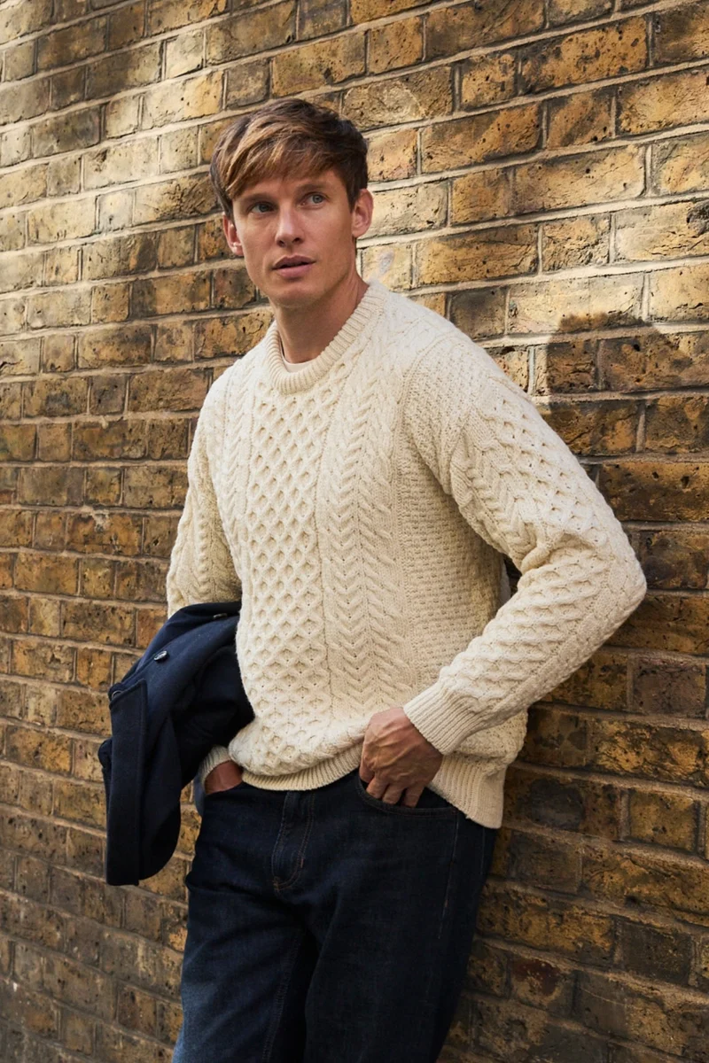 Inisheer Traditional Mens Merino Aran Sweater - Cream