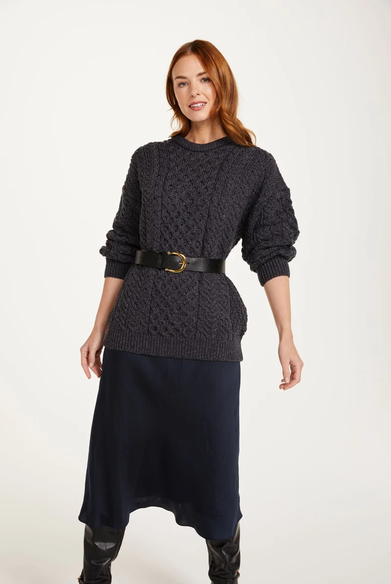 Inisheer Traditional Ladies Merino Aran Sweater - Charcoal