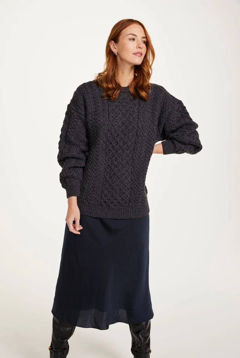 Inisheer Traditional Ladies Merino Aran Sweater - Charcoal