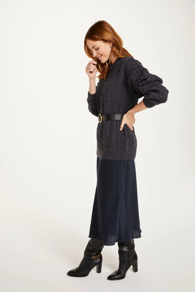 Inisheer Traditional Ladies Merino Aran Sweater - Charcoal