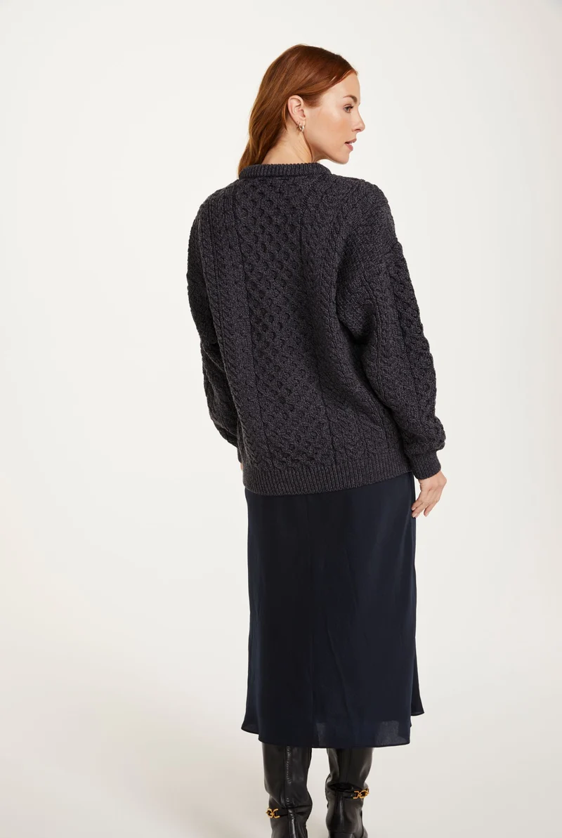 Inisheer Traditional Ladies Merino Aran Sweater - Charcoal