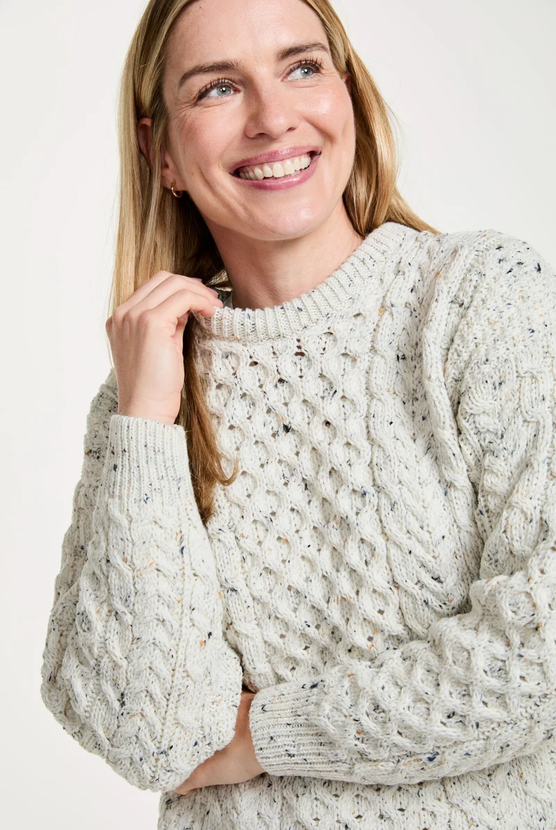 Inisheer Traditional Ladies Merino Aran Sweater - Flecked Cream